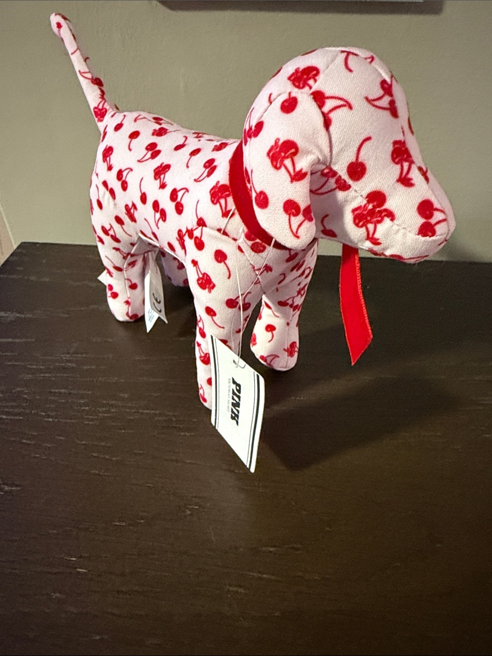 PINK Victoria's Secret Pink Dog Plush with Red Cherry Print